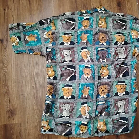 Vintage Burma Bibas Dogs Silk Button Shirt